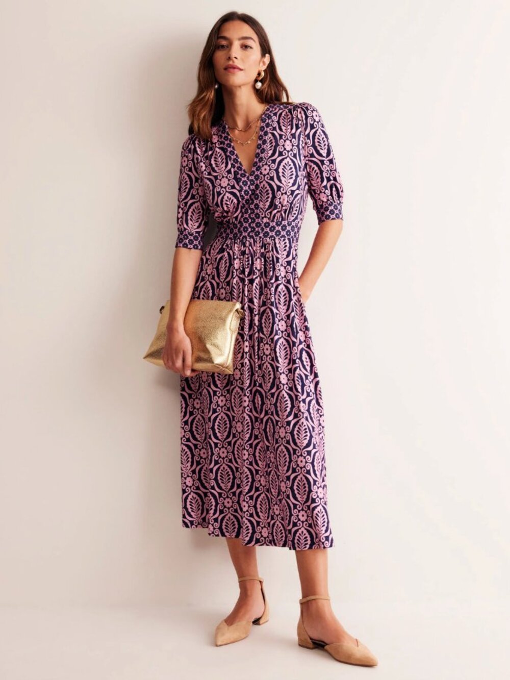 NWT Boden Lily Jersey Midi Dress Old Rose, Foliage Stamp Size US 6R